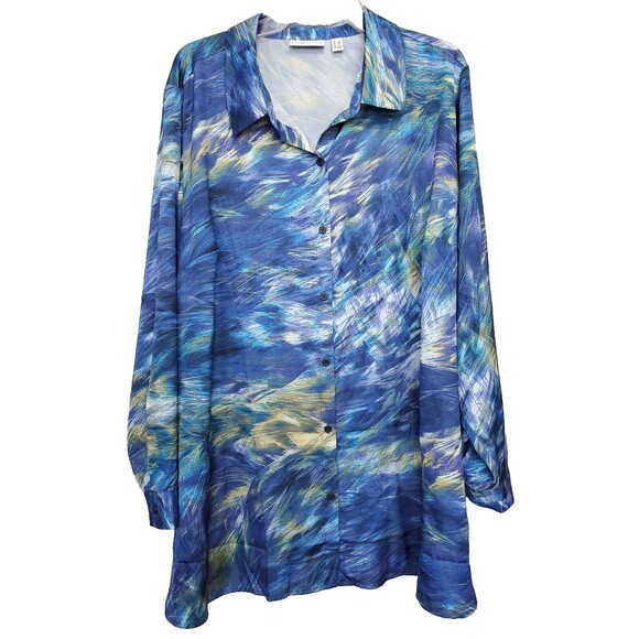 Susan Graver Printed Stretch Charmeuse Big Shirt Blue Lagoon Size 2X - Picture 1 of 6